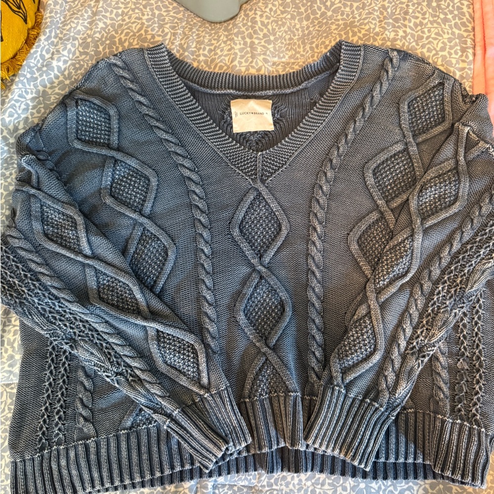 Lucky Brand Women's Cable Knit V-Neck Sweater - Gray